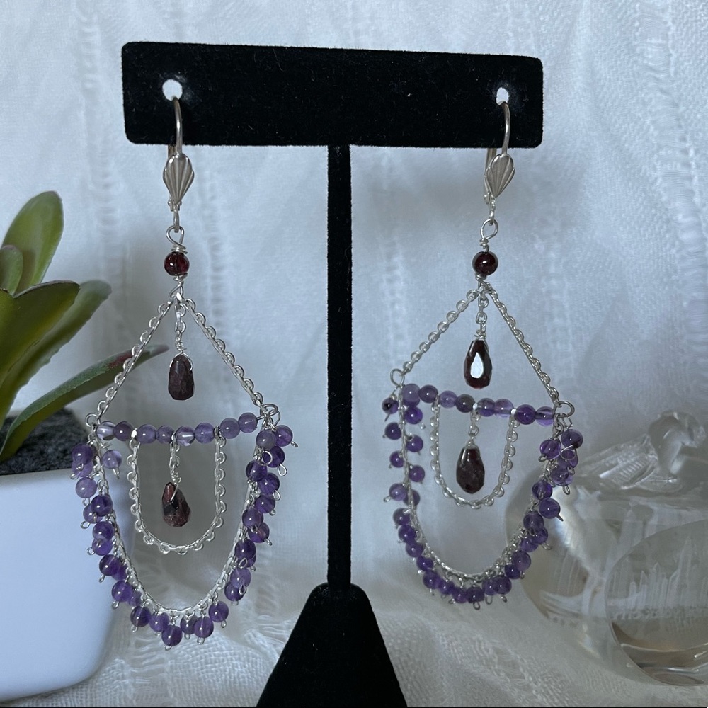 Chandelier silver tone dangling with purple beads lever back earrings